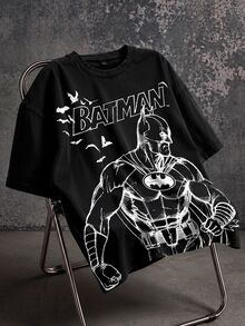 BATMAN X SHEIN Men's Letter Print Crew Neck Short Sleeve Casual T-Shirt - White - View 1