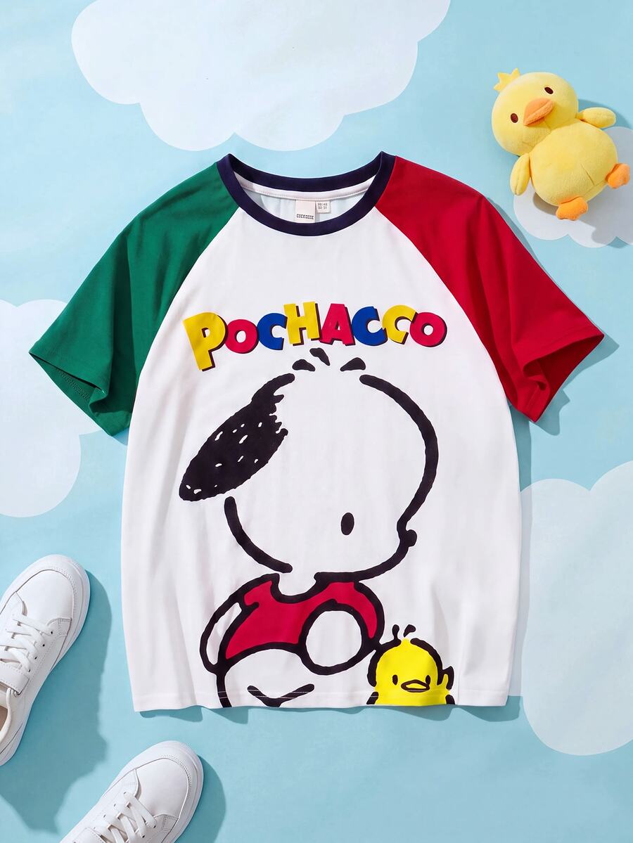 HELLO KITTY AND FRIENDS | SHEIN Tween Boy Multi-Color Cartoon Dog Print Raglan Sleeve T-Shirt, Cute And Lively - White - View 1
