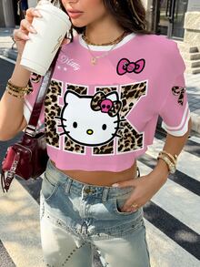 HELLO KITTY AND FRIENDS | SHEIN Women's Casual Letter & Cartoon Print Round Neck T-Shirt, Versatile For Daily Wear - White - View 4