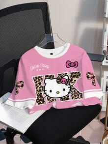 HELLO KITTY AND FRIENDS | SHEIN Women's Casual Letter & Cartoon Print Round Neck T-Shirt, Versatile For Daily Wear - White - View 3