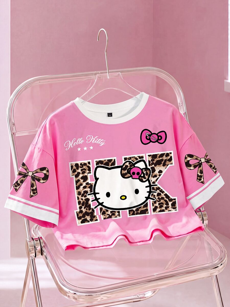 HELLO KITTY AND FRIENDS | SHEIN Women's Casual Letter & Cartoon Print Round Neck T-Shirt, Versatile For Daily Wear - White - View 1
