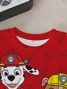 SHEIN | PAW Patrol 小男孩夏季休闲卡通狗和爪印短袖T恤 - 白色 - 查看 4