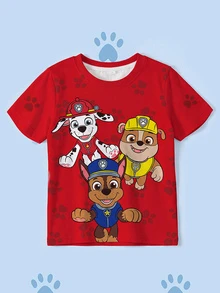SHEIN | PAW Patrol 小男孩夏季休闲卡通狗和爪印短袖T恤 - 白色 - 查看 1