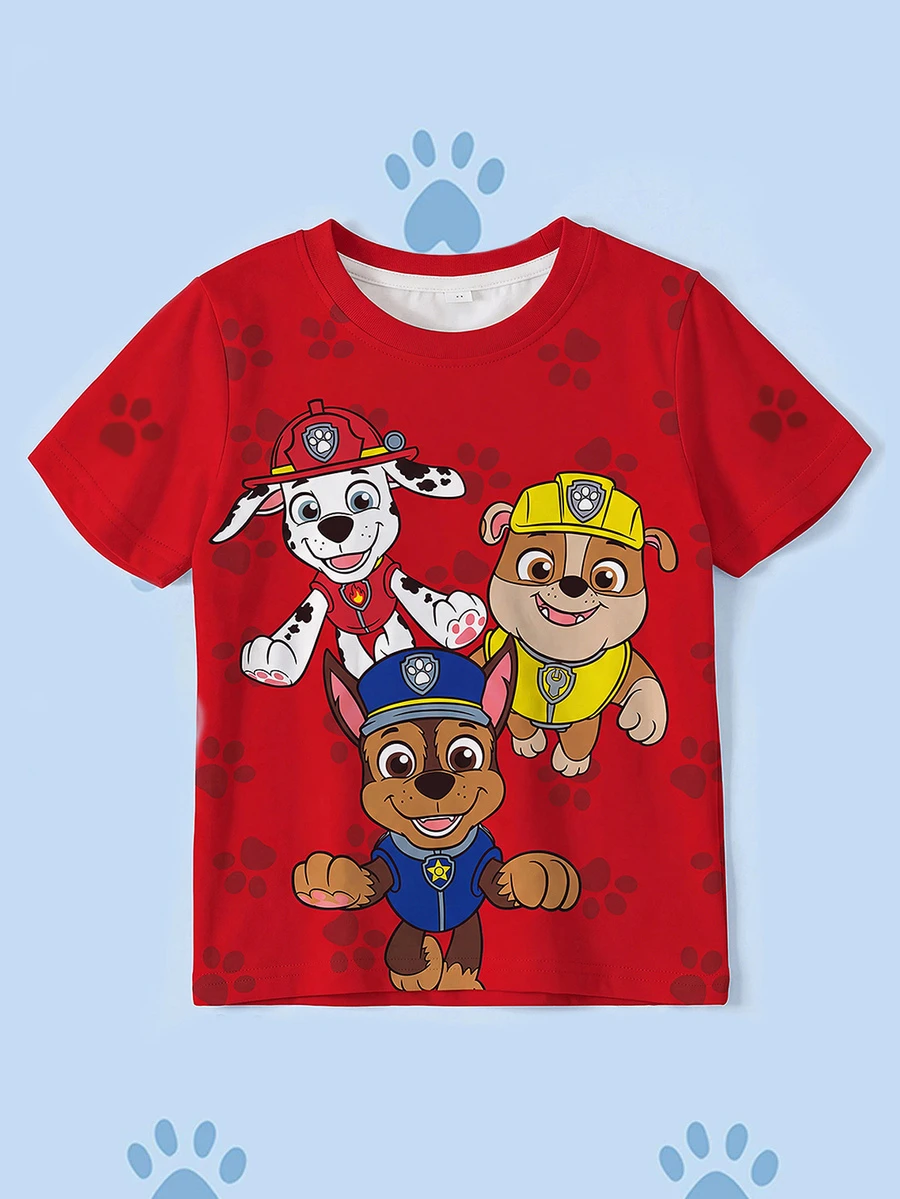 SHEIN | PAW Patrol 小男孩夏季休闲卡通狗和爪印短袖T恤 - 白色 - 查看 1