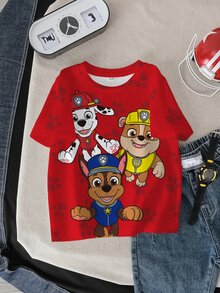 SHEIN | PAW Patrol 小男孩夏季休闲卡通狗和爪印短袖T恤 - 白色 - 查看 3