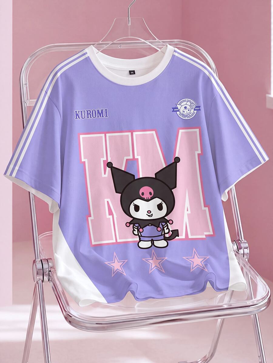 HELLO KITTY AND FRIENDS | SHEIN 大尺碼女款休閒運動牛仔卡通印花圓領短袖T恤 教師社團 白色夏季 - 白色 - 查看 1