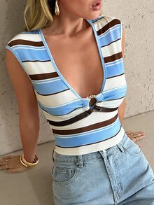 Privoire Top de mujer con cuello en V, estampado a rayas y ribete metálico para citas y fiestas - Multicolor - Ver 4