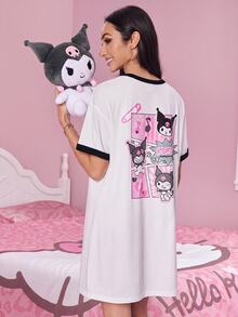 HELLO KITTY AND FRIENDS | SHEIN 女式休闲卡通  和字母印花超大 Ringer 短款白色 T 恤连衣裙，秋季 - 白色 - 查看 1