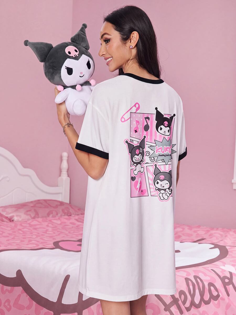 HELLO KITTY AND FRIENDS | SHEIN 女式休闲卡通 和字母印花超大 Ringer 短款白色 T 恤连衣裙,秋季 - 白色 - 查看 1