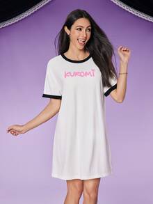 HELLO KITTY AND FRIENDS | SHEIN 女式休闲卡通  和字母印花超大 Ringer 短款白色 T 恤连衣裙，秋季 - 白色 - 查看 4
