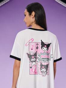 HELLO KITTY AND FRIENDS | SHEIN 女式休闲卡通  和字母印花超大 Ringer 短款白色 T 恤连衣裙，秋季 - 白色 - 查看 2