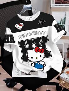 HELLO KITTY AND FRIENDS | SHEIN 女士休闲卡通字母图案短袖圆领T恤，舒适透气，适合夏季 - 白色 - 查看 3
