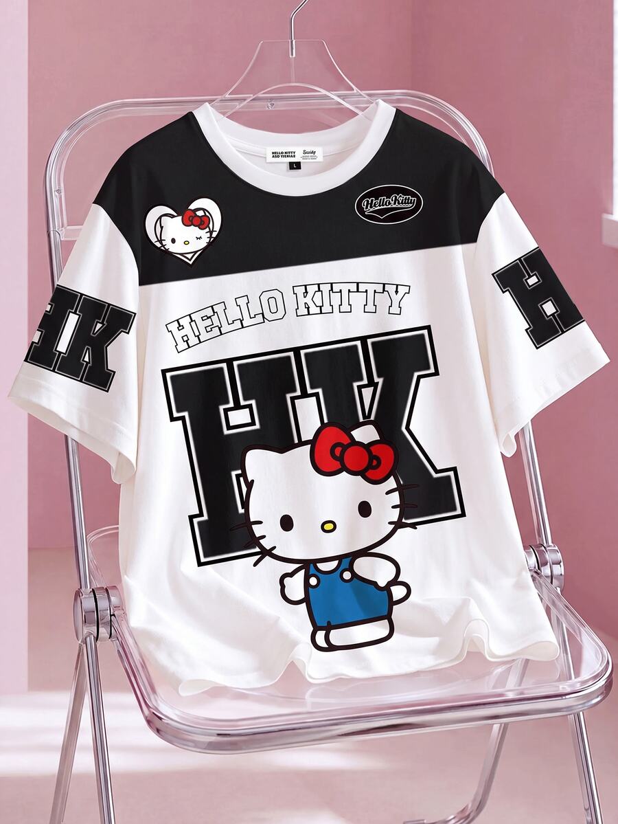 HELLO KITTY AND FRIENDS | SHEIN 女士休闲卡通字母图案短袖圆领T恤,舒适透气,适合夏季 - 白色 - 查看 1
