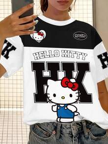 HELLO KITTY AND FRIENDS | SHEIN 女士休闲卡通字母图案短袖圆领T恤，舒适透气，适合夏季 - 白色 - 查看 5