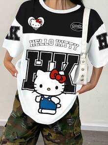 HELLO KITTY AND FRIENDS | SHEIN 女士休闲卡通字母图案短袖圆领T恤，舒适透气，适合夏季 - 白色 - 查看 4