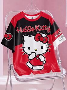 HELLO KITTY AND FRIENDS | SHEIN 大尺碼女款卡通圖案字母印花對比色圓領T恤 - 白色 - 查看 1