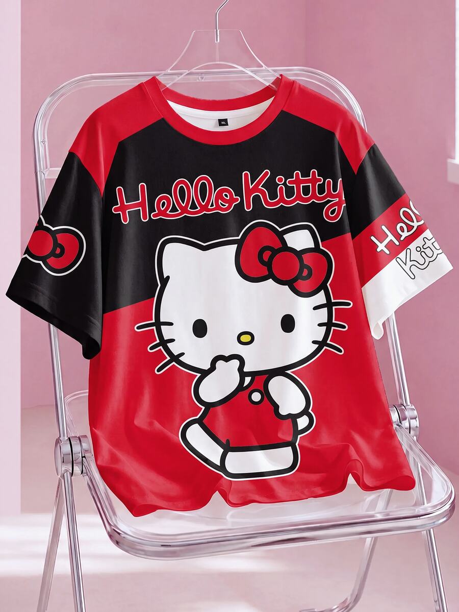 HELLO KITTY AND FRIENDS | SHEIN 大尺碼女款卡通圖案字母印花對比色圓領T恤 - 白色 - 查看 1