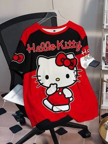 HELLO KITTY AND FRIENDS | SHEIN 大尺碼女款卡通圖案字母印花對比色圓領T恤 - 白色 - 查看 3