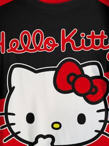 HELLO KITTY AND FRIENDS | SHEIN 大尺碼女款卡通圖案字母印花對比色圓領T恤 - 白色 - 查看 5