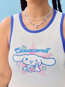 HELLO KITTY AND FRIENDS | SHEIN Plus Size Casual Cartoon Cinnamoroll & Letter Print Ringer Tank Top, Summer - Blue and White - View 5