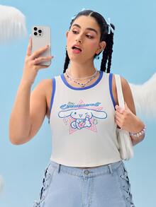 HELLO KITTY AND FRIENDS | SHEIN Plus Size Casual Cartoon Cinnamoroll & Letter Print Ringer Tank Top, Summer - Blue and White - View 3