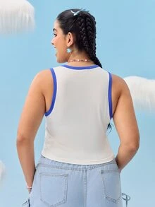 HELLO KITTY AND FRIENDS | SHEIN Plus Size Casual Cartoon Cinnamoroll & Letter Print Ringer Tank Top, Summer - Blue and White - View 2