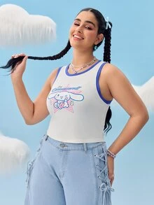 HELLO KITTY AND FRIENDS | SHEIN Plus Size Casual Cartoon Cinnamoroll & Letter Print Ringer Tank Top, Summer - Blue and White - View 7