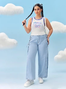HELLO KITTY AND FRIENDS | SHEIN Plus Size Casual Cartoon Cinnamoroll & Letter Print Ringer Tank Top, Summer - Blue and White - View 4