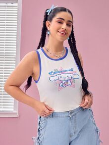 HELLO KITTY AND FRIENDS | SHEIN Plus Size Casual Cartoon Cinnamoroll & Letter Print Ringer Tank Top, Summer - Blue and White - View 1