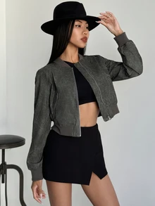 SHEIN Privé 现代 Y2K ICON 时尚水洗 PU 飞行员夹克，灰绿色，秋冬 - 綠色 - 查看 5