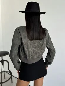 SHEIN Privé 现代 Y2K ICON 时尚水洗 PU 飞行员夹克，灰绿色，秋冬 - 綠色 - 查看 2