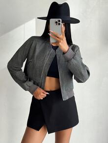 SHEIN Privé 现代 Y2K ICON 时尚水洗 PU 飞行员夹克，灰绿色，秋冬 - 綠色 - 查看 1