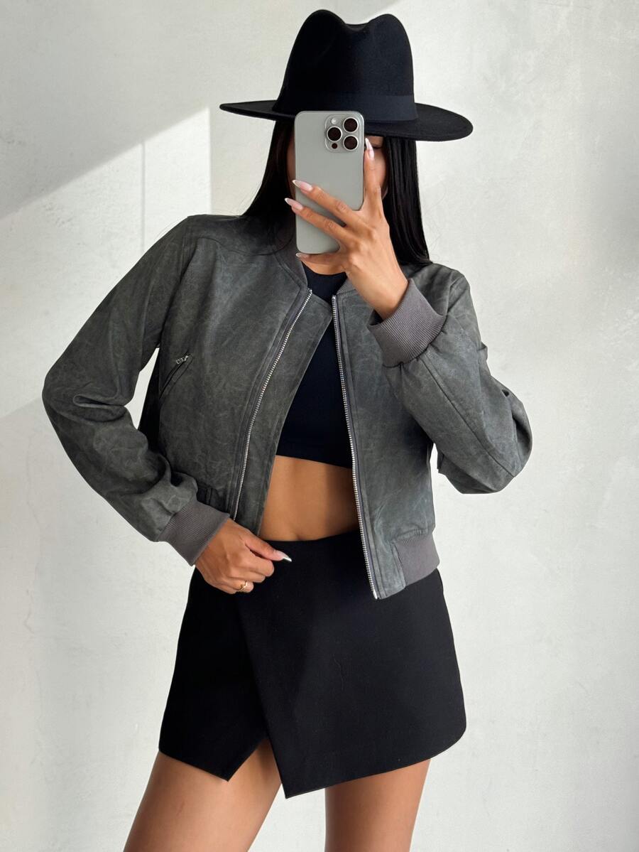 SHEIN Privé 现代 Y2K ICON 时尚水洗 PU 飞行员夹克,灰绿色,秋冬 - 綠色 - 查看 1