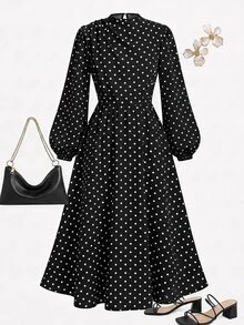 SHEIN Girlism 青少年女孩秋季休閒優雅波點印花收腰洋裝，黑色波點洋裝，適合秋冬通勤 - 黑色 - 查看 2