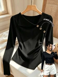 SHEIN Elenzya Women's Solid Color Asymmetric Collar Button Decor Top - Black - View 1