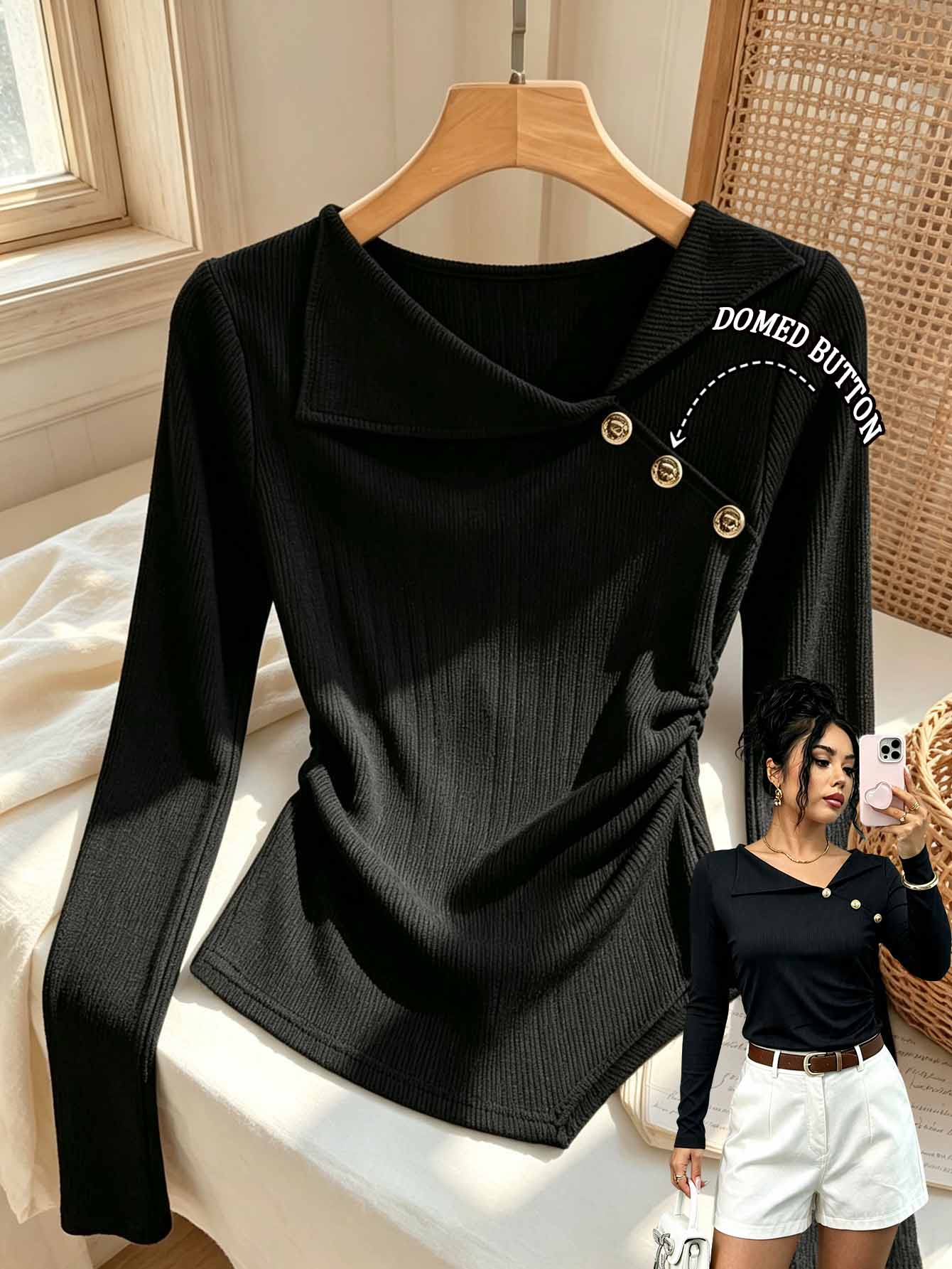 SHEIN Elenzya Women's Solid Color Asymmetric Collar Button Decor Top - Black - View 1