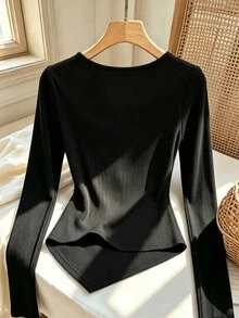SHEIN Elenzya Women's Solid Color Asymmetric Collar Button Decor Top - Black - View 2