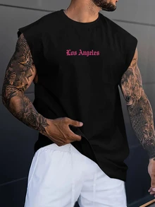 Manfinity Roughcore Men's Round Neck Letter Print Casual Versatile Daily Wear Top Sleeveless Tee Muscle Tee For Men, Graphic Tank, Holiday - Black - View 2