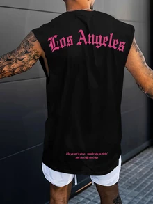 Manfinity Roughcore Men's Round Neck Letter Print Casual Versatile Daily Wear Top Sleeveless Tee Muscle Tee For Men, Graphic Tank, Holiday - Black - View 1