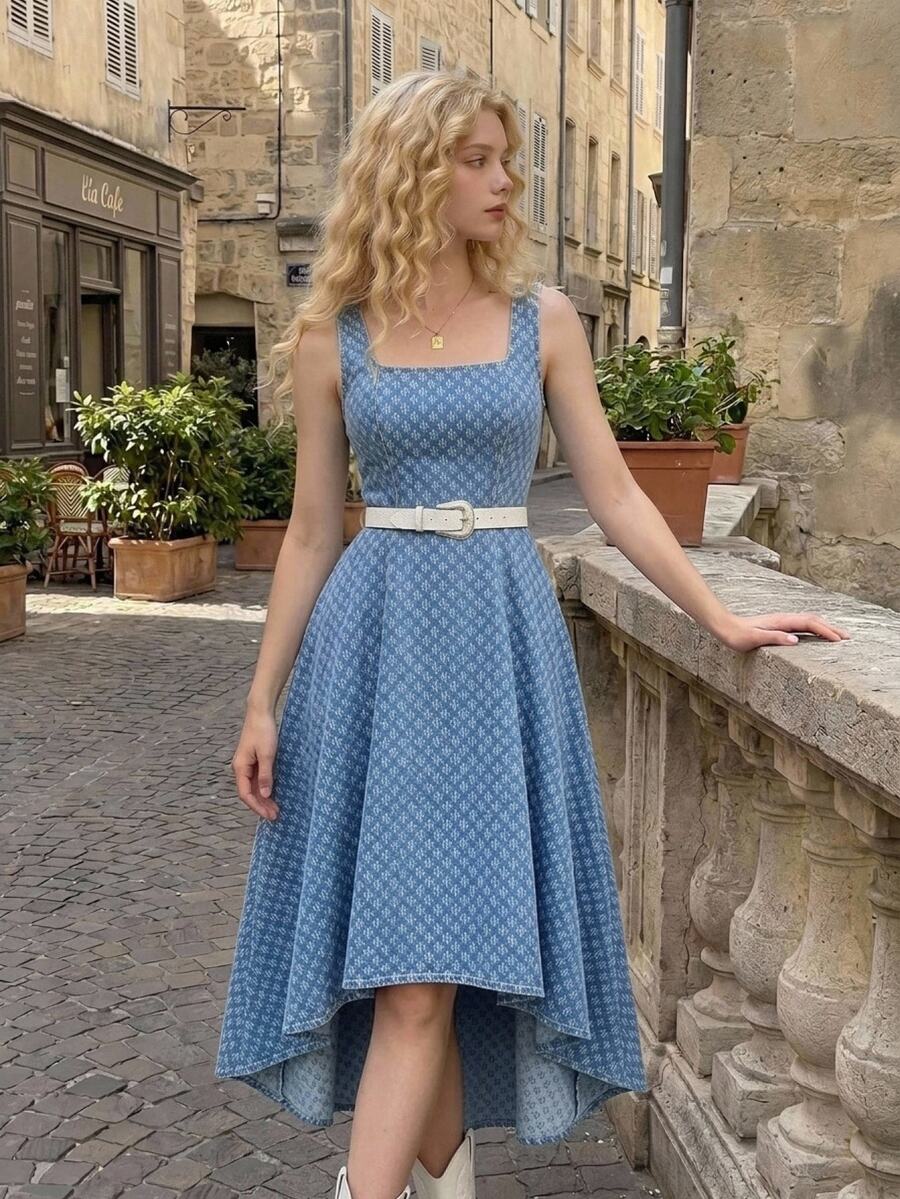 SHEIN MOD Women's Casual Vacation High-Low Denim Dress, Casual, Elegant, Luxury, Princess Dress, Cute, Party, Fall, Winter, Summer Dress, Vacation, Versatile.