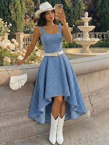 SHEIN MOD Women's Casual Vacation High-Low Denim Dress, Casual, Elegant, Luxury, Princess Dress, Cute, Party, Fall, Winter, Summer Dress, Vacation, Versatile. - Blue - View 6