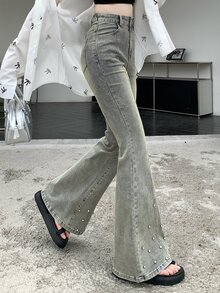 DAZY Tween女孩喇叭褲長褲，鑲水鑽休閒水洗破洞牛仔褲，適合秋冬 - 藍色 - 查看 3
