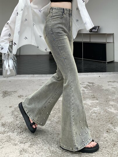 DAZY Tween Girl) Flare Leg Long Pants With Rhinestones, Casual Washed Distressed Denim Jeans For Autumn/Winter