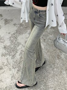 DAZY Tween女孩喇叭褲長褲，鑲水鑽休閒水洗破洞牛仔褲，適合秋冬 - 藍色 - 查看 5