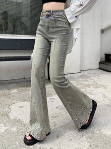 DAZY Tween女孩喇叭褲長褲，鑲水鑽休閒水洗破洞牛仔褲，適合秋冬 - 藍色 - 查看 2