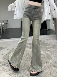 DAZY Tween女孩喇叭褲長褲，鑲水鑽休閒水洗破洞牛仔褲，適合秋冬 - 藍色 - 查看 4