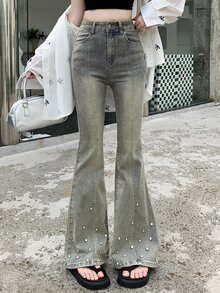 DAZY Tween女孩喇叭褲長褲，鑲水鑽休閒水洗破洞牛仔褲，適合秋冬 - 藍色 - 查看 1
