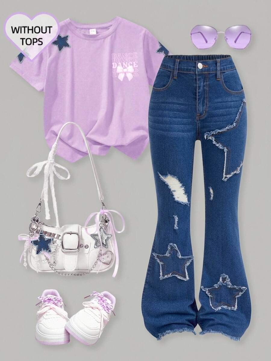 Teen Girl Ripped And Frayed Star-Shaped Low-Rise Stretch Tight Denim Jeans Black To School - Blue - View 1