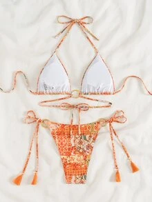 SHEIN Swim 女士波西米亚风金属环系带流苏侧系带比基尼套装，夏季海滩度假两件套泳装 - 彩色 - 查看 4