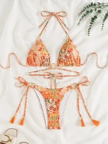 SHEIN Swim 女士波西米亚风金属环系带流苏侧系带比基尼套装，夏季海滩度假两件套泳装 - 彩色 - 查看 3